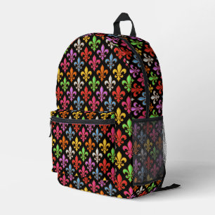 Colourful Bold Fleur-de-lis Flowers Black Printed Backpack