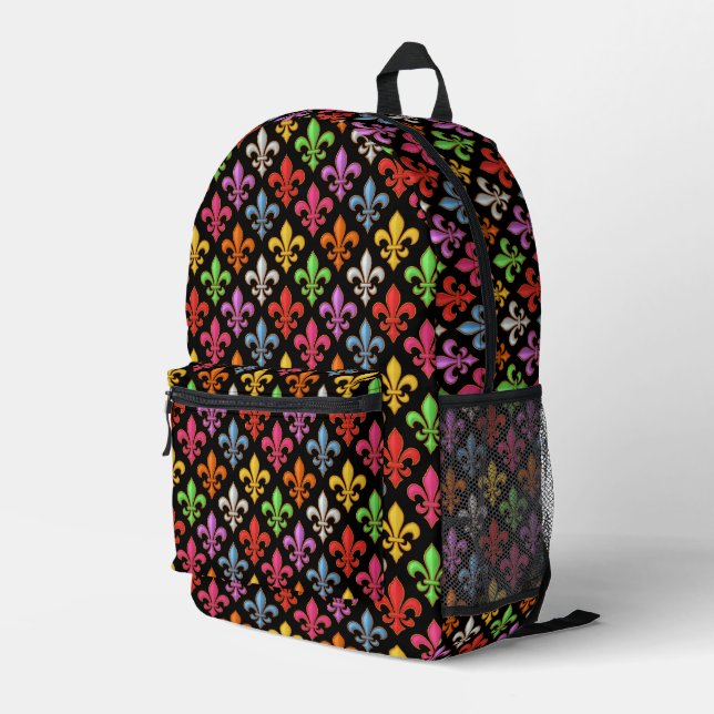 Colourful Bold Fleur-de-lis Flowers Black  Printed Backpack (Back Corner Right)