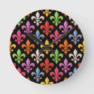 Colourful Bold Fleur-de-lis Flowers Black Round Clock