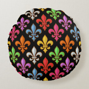 Colourful Bold Fleur-de-lis Flowers Black Round Cushion