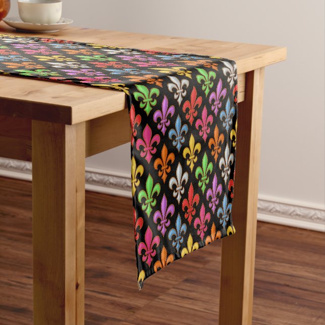 Colourful Bold Fleur-de-lis Flowers Black  Short Table Runner (In Situ)