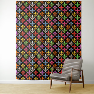Colourful Bold Fleur-de-lis Flowers Black Tapestry