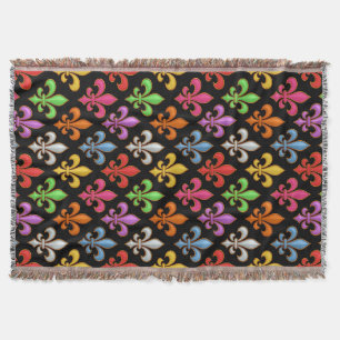 Colourful Bold Fleur-de-lis Flowers Black Throw Blanket