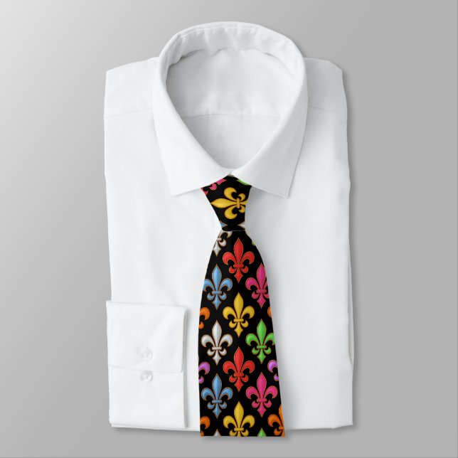 Colourful Bold Fleur-de-lis Flowers Black  Tie (Tied)