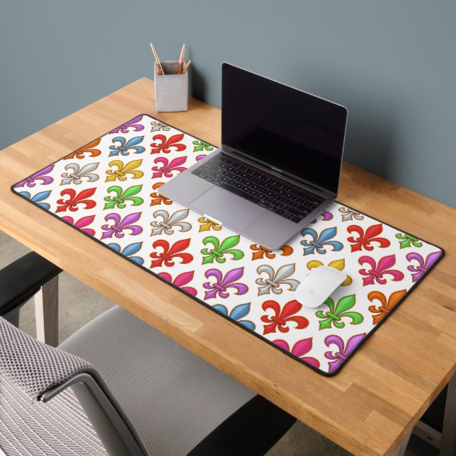 Colourful Bold Fleur-de-lis Flowers White Desk Mat (Office 2)