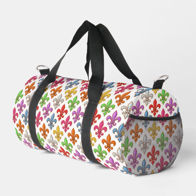 Colourful Bold Fleur-de-lis Flowers White Duffle Bag (Right Corner)