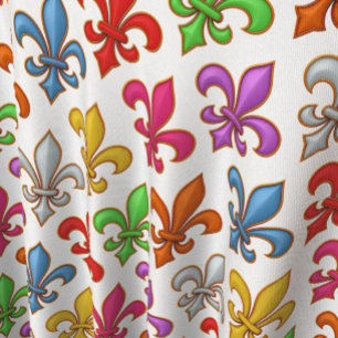 Colourful Bold Fleur-de-lis Flowers White Fabric