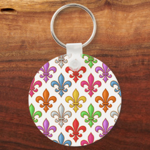 Colourful Bold Fleur-de-lis Flowers White Key Ring