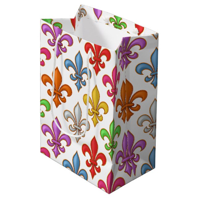 Colourful Bold Fleur-de-lis Flowers White Medium Gift Bag (Front Angled)