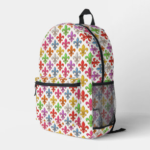 Colourful Bold Fleur-de-lis Flowers White Printed Backpack
