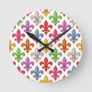 Colourful Bold Fleur-de-lis Flowers White Round Clock