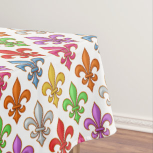 Colourful Bold Fleur-de-lis Flowers White Tablecloth