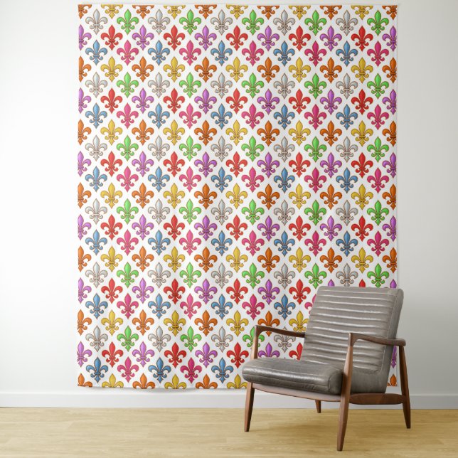 Colourful Bold Fleur-de-lis Flowers White Tapestry (In Situ)