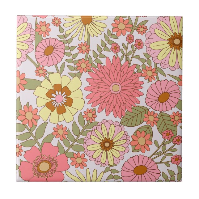 Colourful Bold Floral Pattern Pink Flowers Tile (Front)