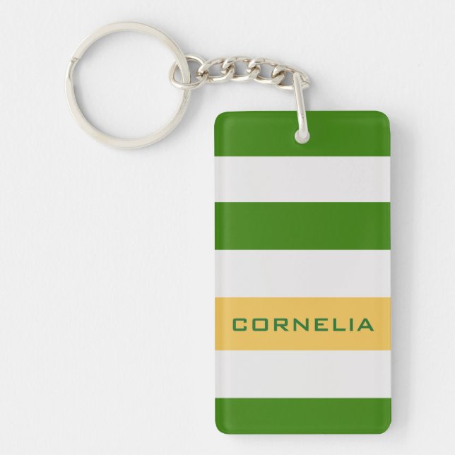 Colourful Bold Green Stripes with Custom Name Key Ring (Front)