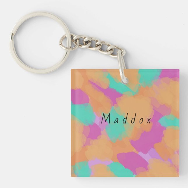 Colourful Bold Modern Artist Pattern + Custom Name Key Ring (Front)