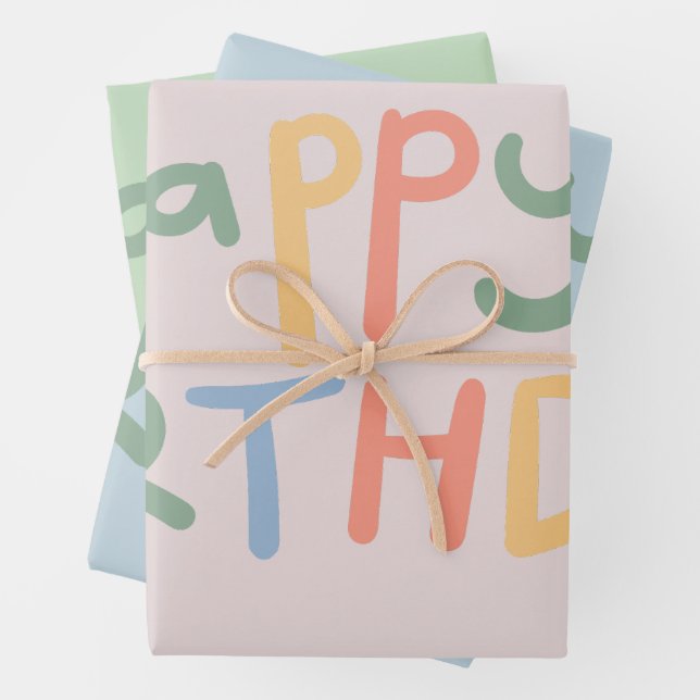 Colourful Bold Pastel Happy Birthday Text Gift Wrapping Paper Sheet (In situ)