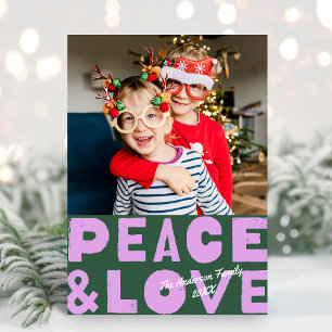 Colourful Bold Peace & Love Green Purple Photo Holiday Card