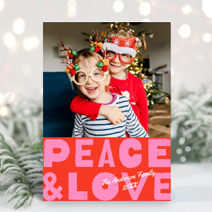 Colourful Bold Peace & Love  Red Pink Photo Holiday Card