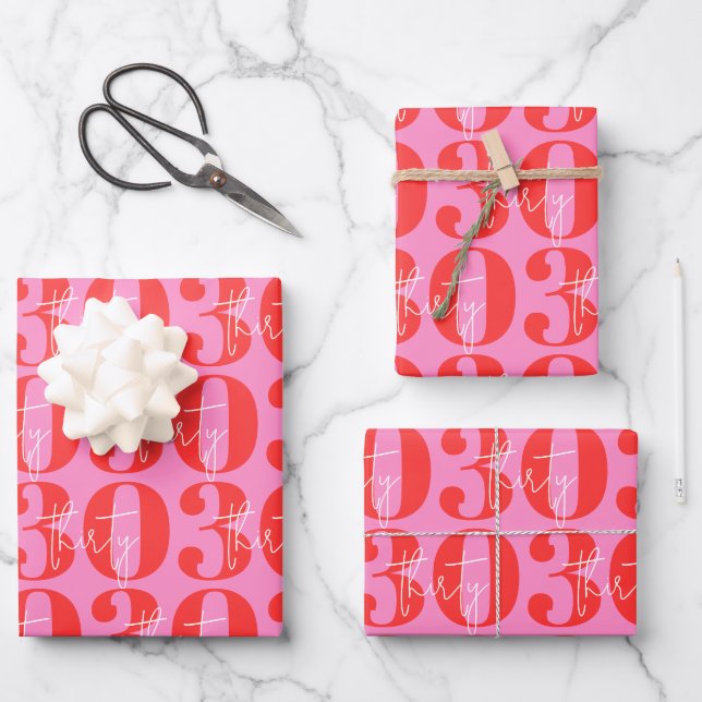 Colourful Bold Pink and Red 30th Birthday  Wrapping Paper Sheet (Front)