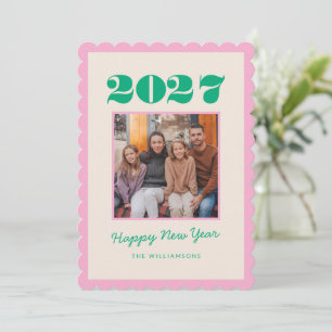 Colourful Bold Pink Green Two Photo 2026 New Year Holiday Card