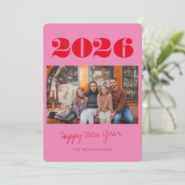 Colourful Bold Pink Red Two Photo 2025 New Year Holiday Card (Standing Front)