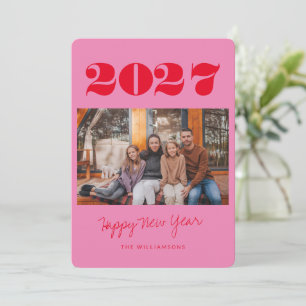 Colourful Bold Pink Red Two Photo 2026 New Year Holiday Card