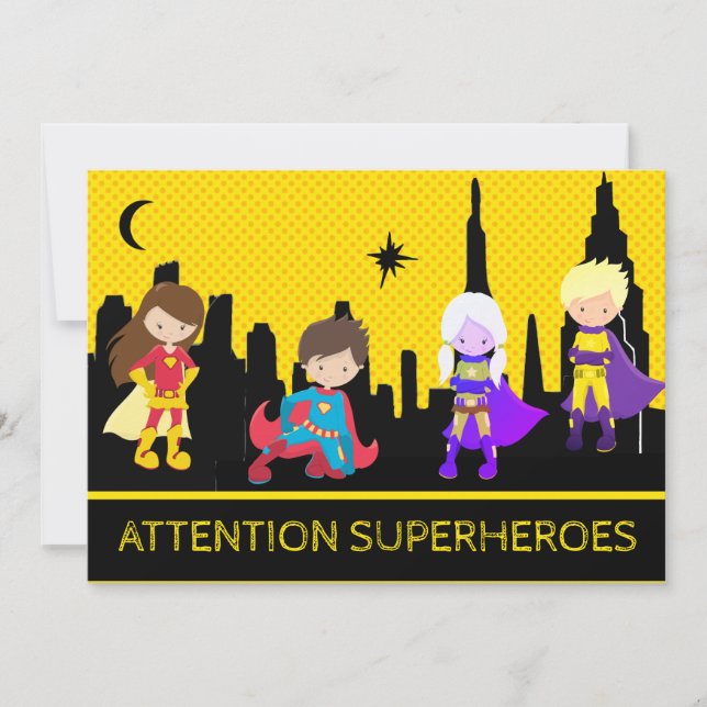 *~*  Colourful Bold SUPERHEROS Kids Birthday Party Invitation (Front)
