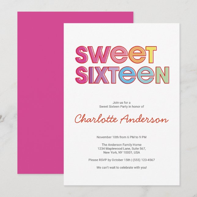 Colourful Bold Type Sweet 16 Party  Invitation (Front/Back)