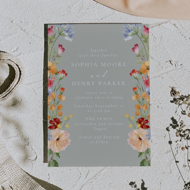 Colourful Bold Wildflowers Sage Wedding Invitation (Creator Uploaded)