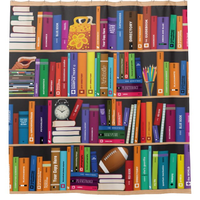 Colourful Book Worm's Bookshelves Shower Curtain (Front)