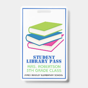 Colourful Books School Library Hall Pass Badge ID Badge