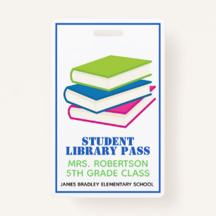 Colourful Books School Library Hall Pass Badge ID Badge