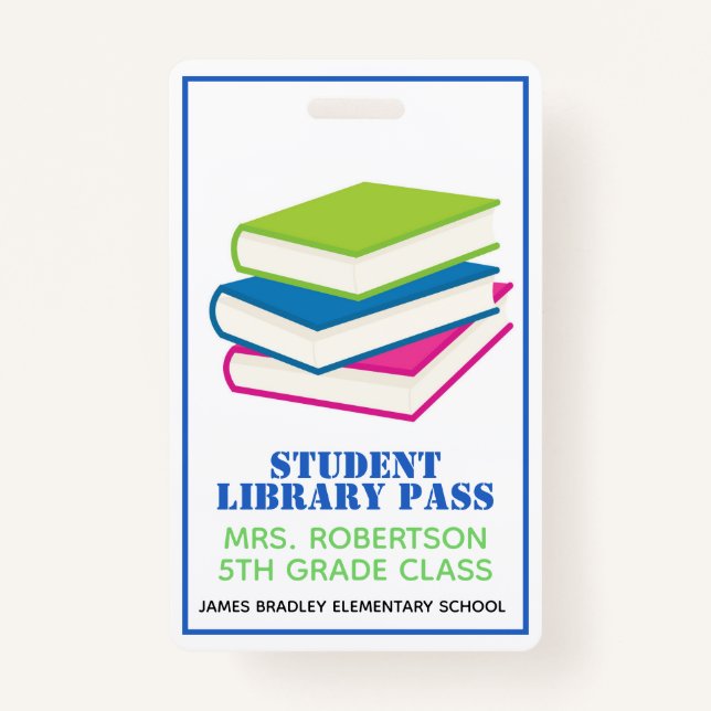 Colourful Books School Library Hall Pass Badge ID Badge (Front)