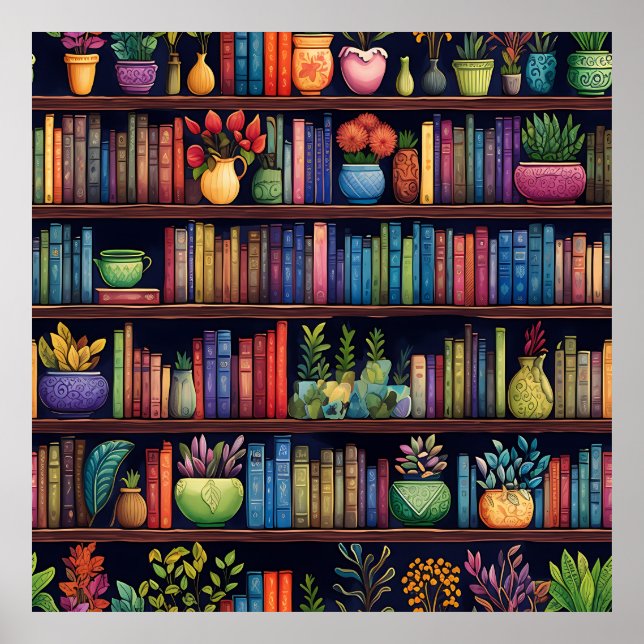 Colourful Bookshelf Wall Poster Print (Front)