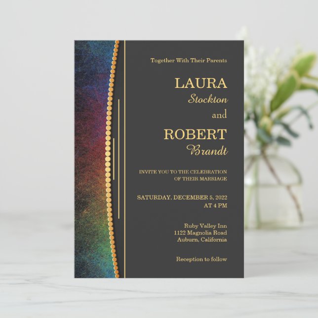 Colourful Border with Gold Wedding Invitation (Standing Front)