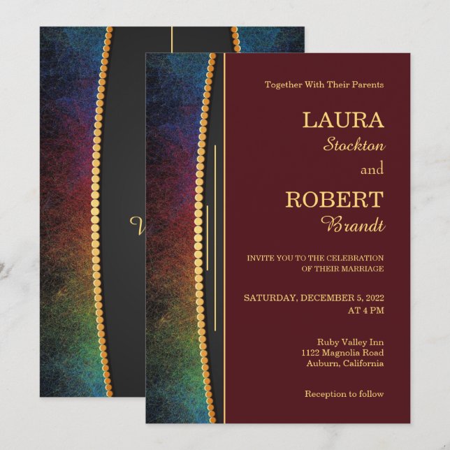Colourful Border with Gold Wedding Invitation (Front/Back)