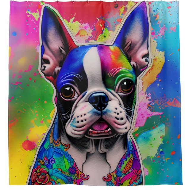 Colourful Boston Terrier Paint Splashes Shower Curtain (Front)