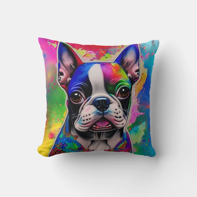 Colourful Boston Terrier Paint Splashes Square Cushion (Front)