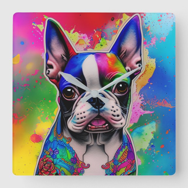 Colourful Boston Terrier Paint Splashes Square Wall Clock (Front)