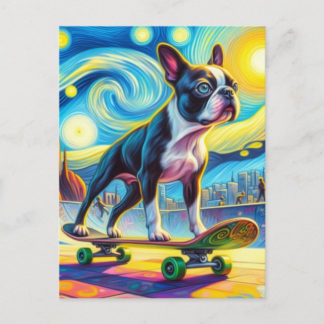 Colourful Boston Terrier Skateboarding Van Gogh Postcard (Front)