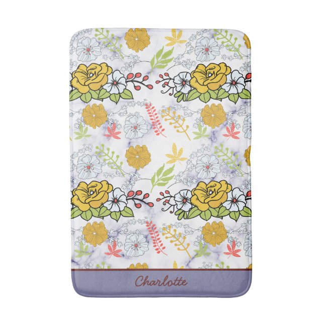 Colourful botanical floral pattern personalised bath mat (Front Vertical)