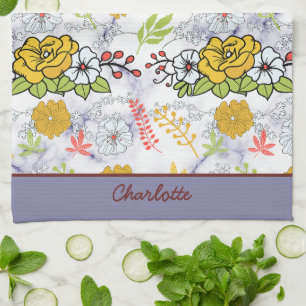 Colourful botanical floral pattern personalised tea towel