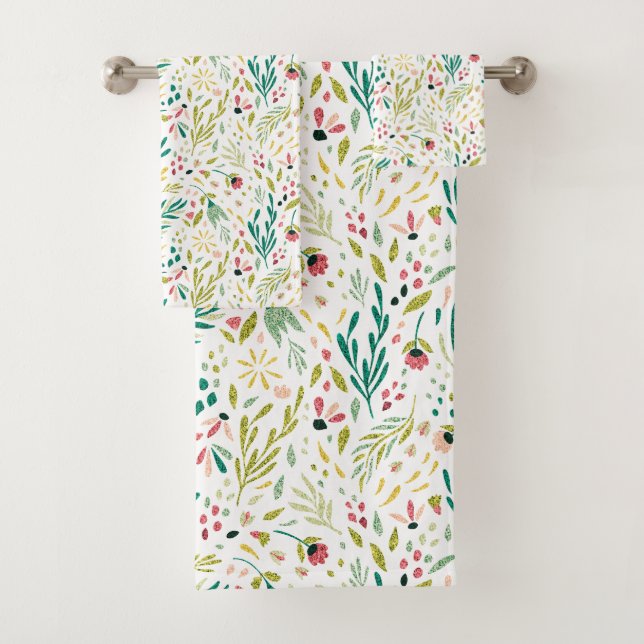 Colourful Botanical Flowers & Leafs Pattern Bath Towel Set (Insitu)