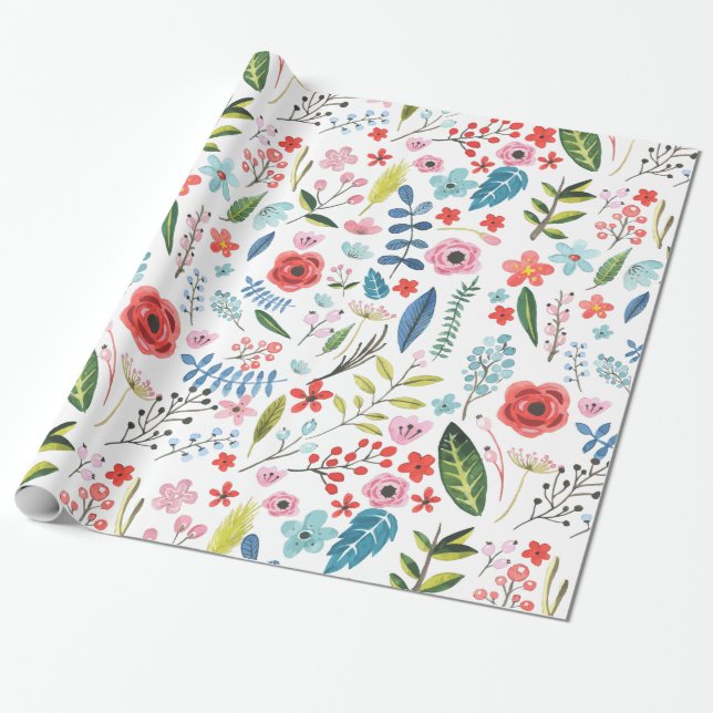 Colourful Botanical Leafs & Flowers Pattern Wrapping Paper (Unrolled)