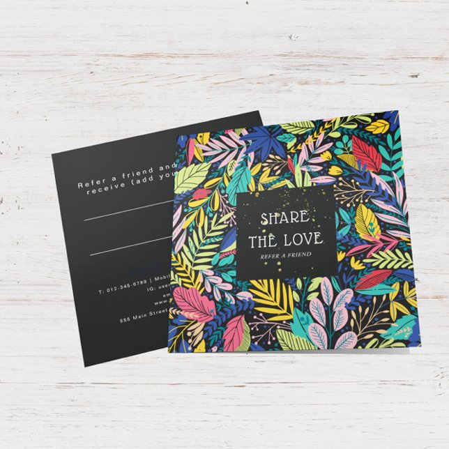 Colourful Botanical Pattern Gold Glitter Referral Square Business Card (Creator Uploaded)