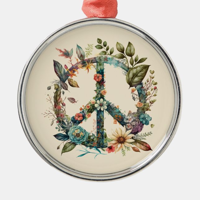 Colourful Botanical Peace Symbol Hippie Style Metal Tree Decoration (Front)