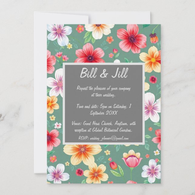 Colourful Botanical With Green Background Wedding Invitation (Front)