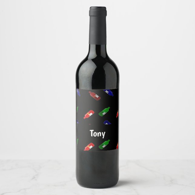 Colourful bottles on black wine label (Front)