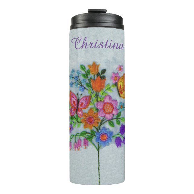 Colourful Bouquet of Flowers on Stem Butterflies Thermal Tumbler (Front)